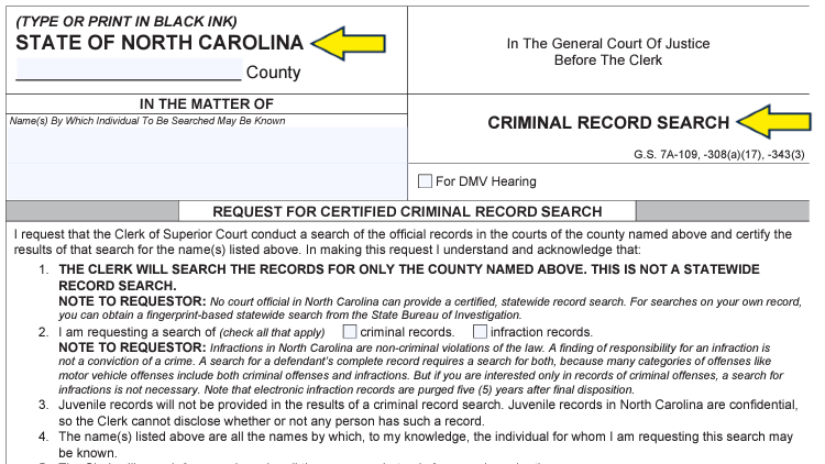 Screenshot of North Carolina Judicial Branch website page for forms with yellow arrows on criminal records search form.