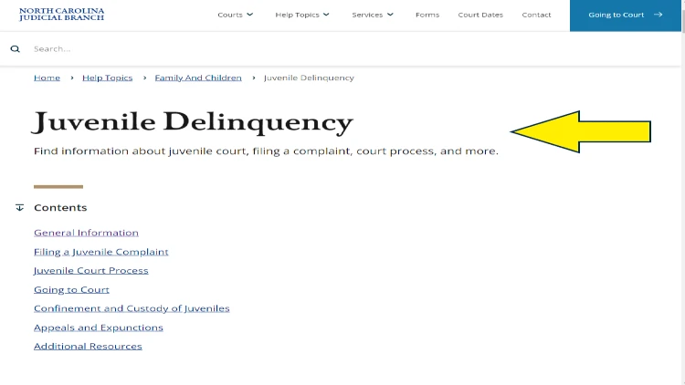 Screenshot of the North Carolina Judicial Branch about Juvenile Delinquency with the yellow arrow pointing to more information about it.