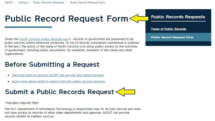 Screenshot of North Carolina Judicial Branch website page for public records requests with yellow arrows on public record request process.
