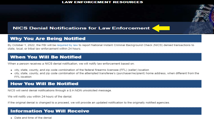 Screenshot of NICS website page for resources with yellow arrow on denial notifications for gun purchase application.