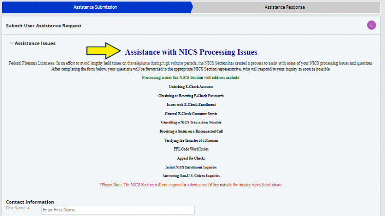 Screenshot of NICS website page for services with yellow arrow on NICS assistance to processing issues for gun purchase application.