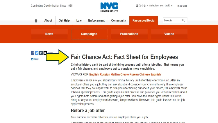 NYC Human Rights website page for employment with yellow arrow on employment process in accordance with the Fair Chance Act.