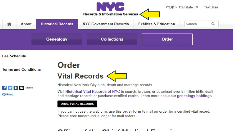 Screenshot of City of New York website page for records and information services with yellow arrows pointing to how to order vital records in New York City.