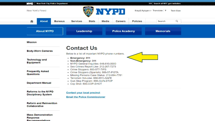 NYPD screenshot with yellow arrow pointing to important police numbers to call. 