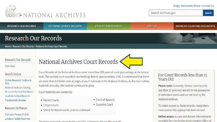 Screenshot of National Archives website page for records search with yellow arrow on court records search for at least 15 years old case records.