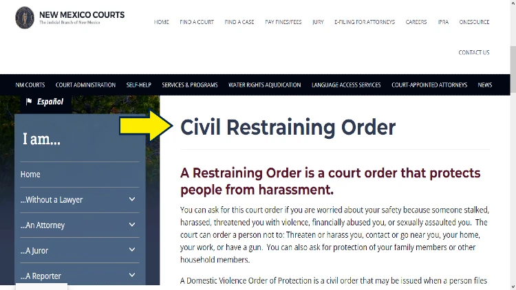 Screenshot of New Mexico Courts website page for family court with yellow arrow pointing to what is a civil restraining order in New Mexico.