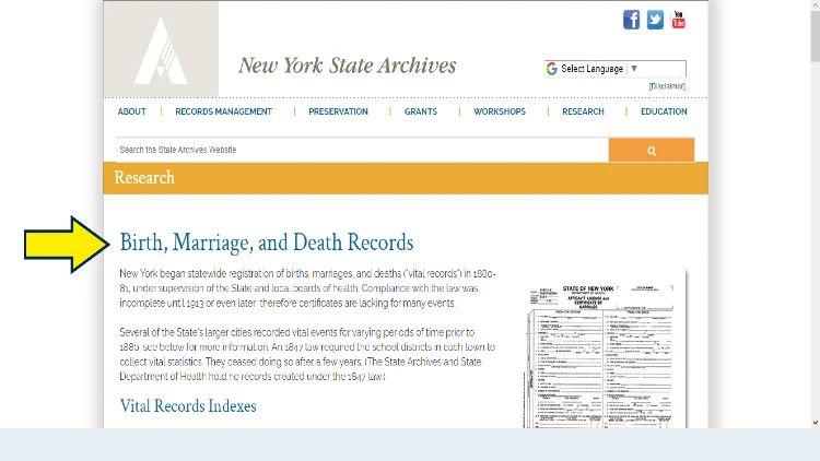 Screenshot of New York State Archives website page for research with yellow arrow pointing to birth, marriage, and death records search in New York State.