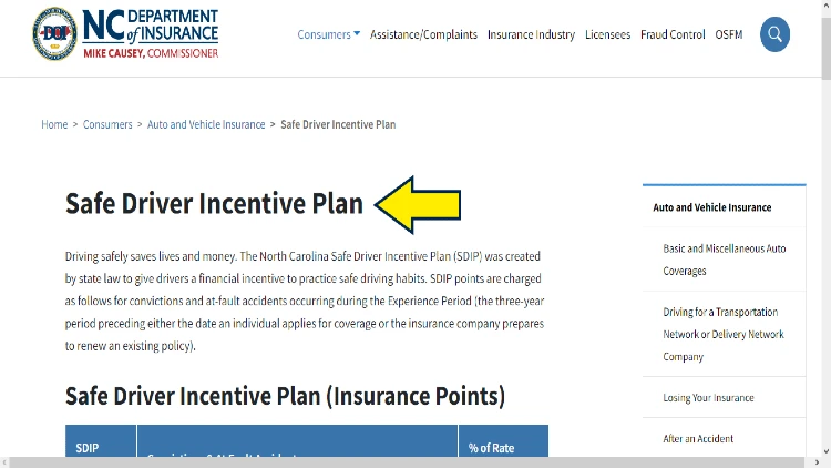 Screenshot of North Carolina Department of Insurance website page for auto and vehicle insurance with yellow arrow on safe driver incentive plan in North Carolina.