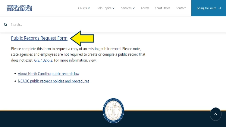 Screenshot of North Carolina Judicial Branch for services with yellow arrow on link for public records request form pdf. 