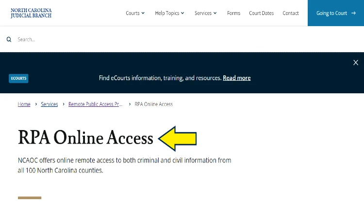 Screenshot of North Carolina Judicial Branch website page for services with yellow arrow on RPA online access.