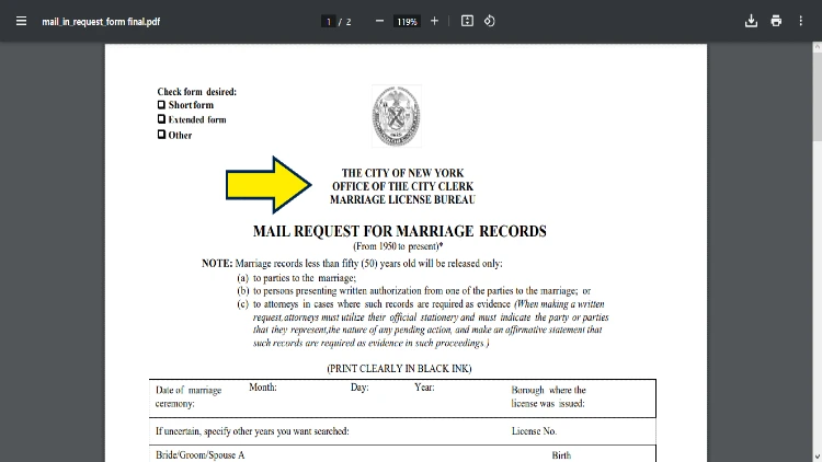 Screenshot of Office of the City Clerk website page for forms with yellow arrow pointing to Mail Request for Marriage Records form in New York City.