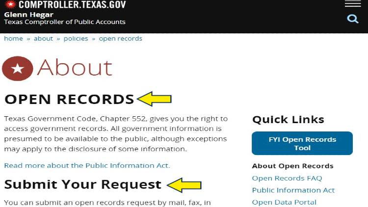 Screenshot of Texas Comptroller website page with yellow arrows on Open Records Law and how to submit requests for the records.