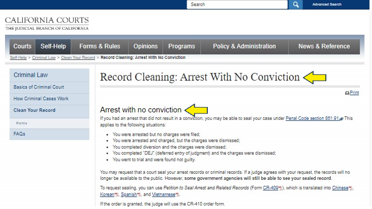 Screenshot of California Courts website page for record cleaning with yellow arrow pointing to how to clean record for arrest with no conviction in California.