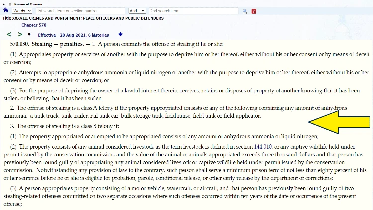 Screenshot of a government website page about Stealing that discusses the penalties involved in commiting this crime.