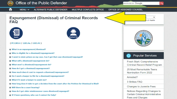 Screenshot of the Office of the Public Defender website page about Expungement of Criminal Records with the yellow arrow pointing to the FAQs about it.