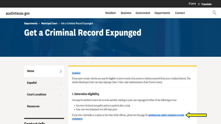 Screenshot of AustinTexas Gov website page about getting a criminal record expunged with yellow arrow pointing to the link to expunging non-adult criminal records.