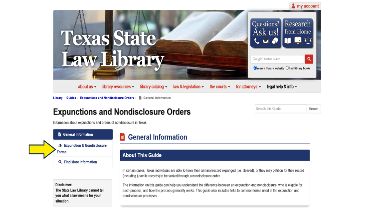 Screenshot of Texas State Law Library website page about expunctions and nondisclosure orders with yellow arrow pointing to the the expunction and nondisclosure forms.
