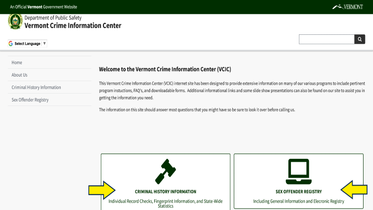 Screenshot of Vermont Crime Information Center website page with yellow arrows pointing to criminal history information and sex offender registry.