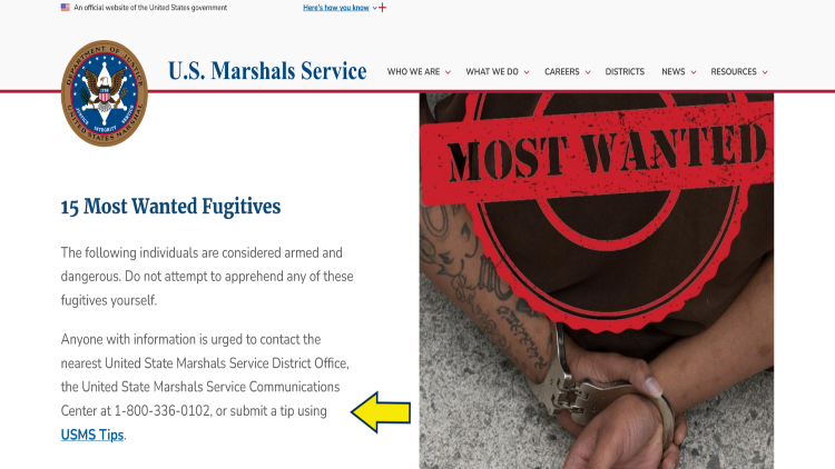 Screenshot of the US Marshals Service website page about most wanted fugitives with yellow arrow pointing on how to submit a tip.
