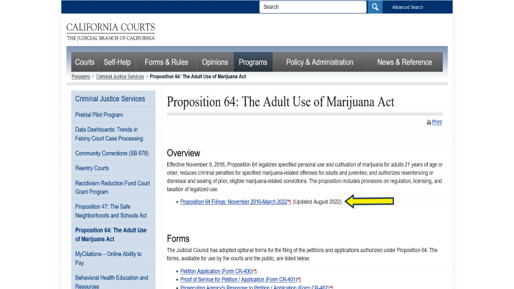Screenshot of the California Courts website page about Adult Use of Marijuana Act with a yellow arrow pointing to the link to proposition 64 filings.