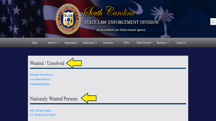 Screenshot of South Carolina State Law Enforcement Division website page about fugitives with yellow arrows pointing to unresolved and nationaly wanted persons.