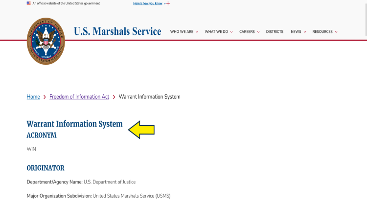 Screenshot of US Marshals Service website page about Warrant Information System with the yellow arrow pointing to its acronym.