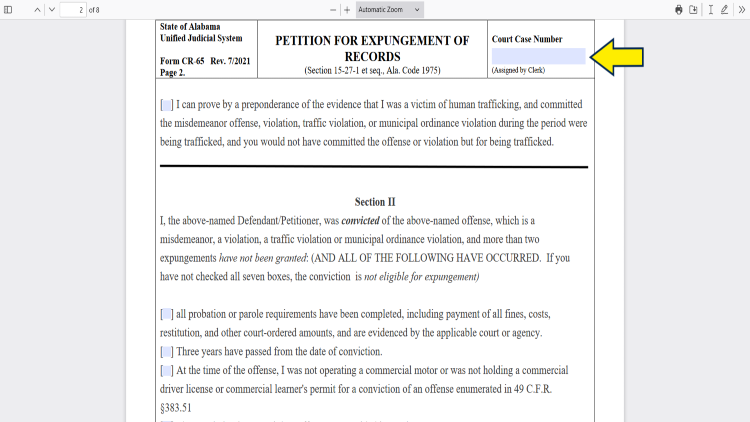 Screenshot of the Petition for Expungement of Records PDF with a yellow arrow pointing to the space for case file number for expunging criminal records. 