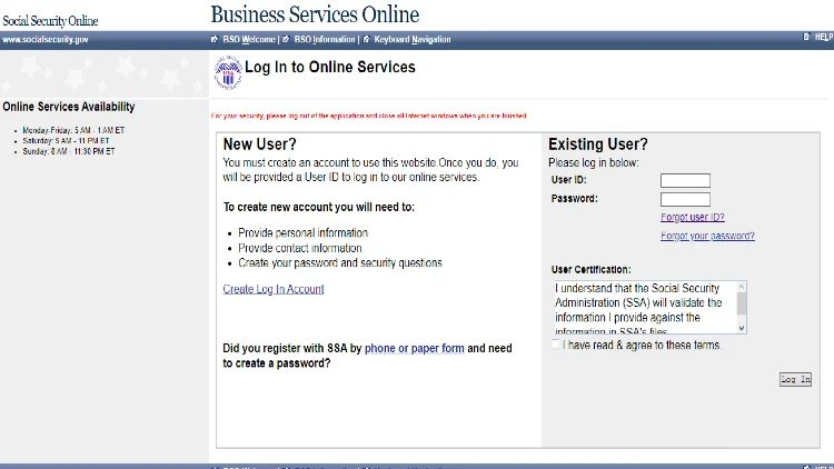 Screenshot of Social Security Online website page for online services for businesses.