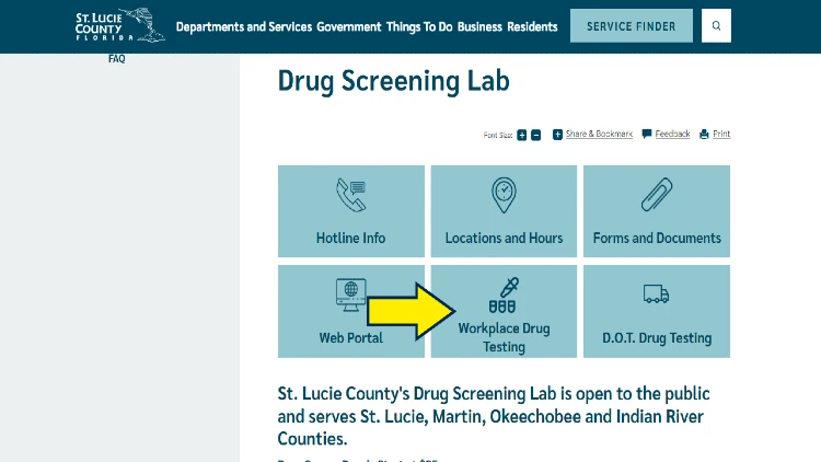 Screenshot of St. Lucie County website page for drug screening with yellow arrow on link to workplace drug testing.