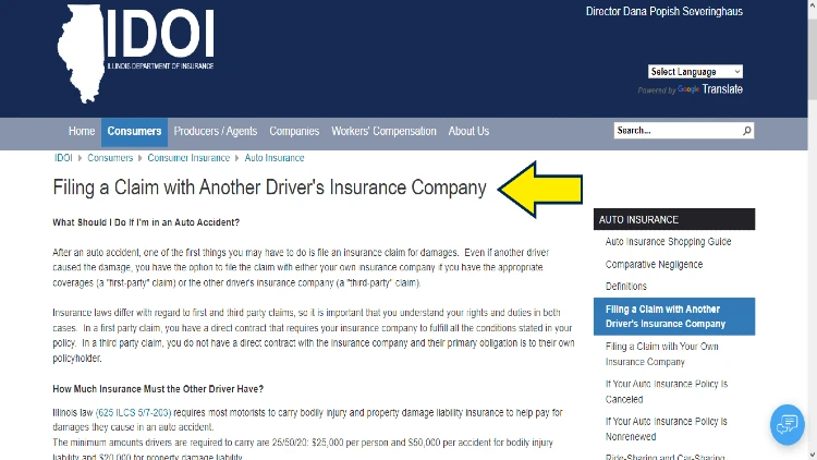 Screenshot of State of Illinois website page for Department of Insurance with yellow arrow pointing to how to file a claim with another driver's insurance company in Illinois.