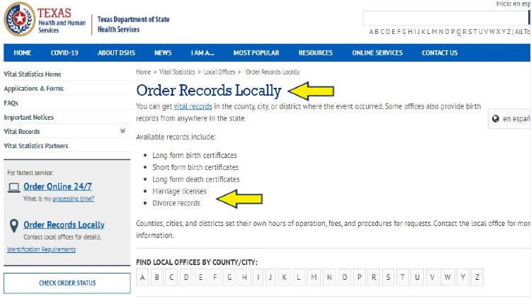 Screenshot of the Texas Department of State Health Services website page about Texas Records with yellow arrows pointing to how to order the records locally.
