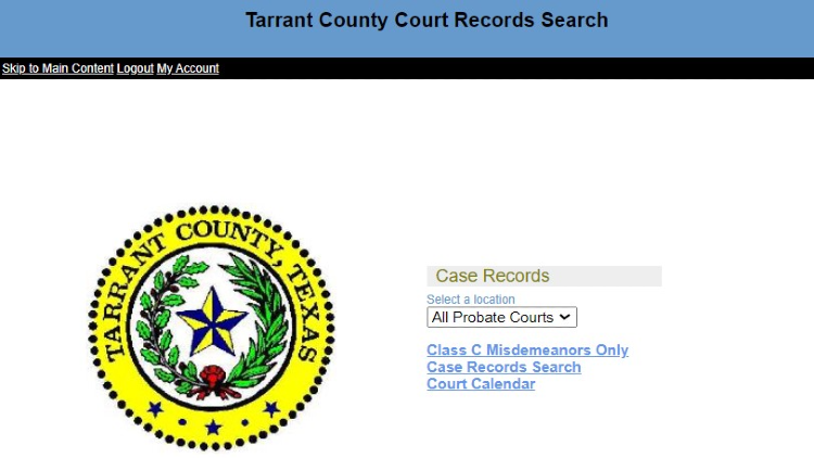 Screenshot of the Tarrant County Court Records Search website page about Case Records with yellow arrow pointing to the court locations.