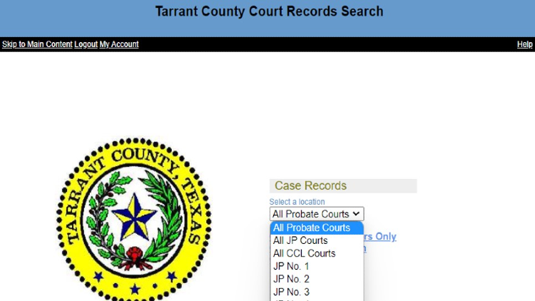 Screenshot of the Tarrant County Court Records Search website page about Case Records with yellow arrow pointing to the list of the probate courts.