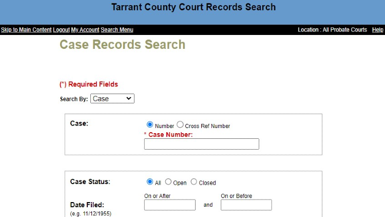 Screenshot of the Tarrant County Court Records Search website page about Case Records Search with yellow arrows pointing to the required fields.