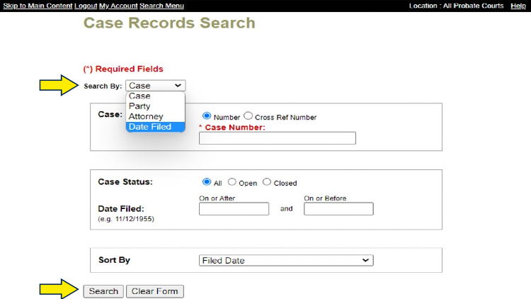 Screenshot of the Tarrant County Court Records Search website page about Case Records Search with yellow arrows pointing to the search option.
