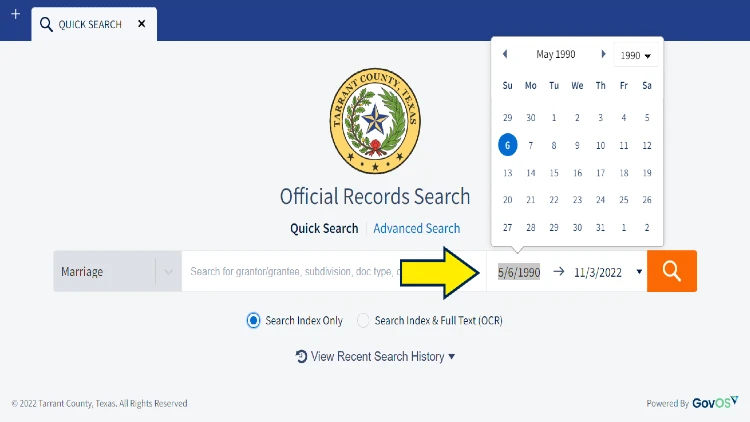 Screenshot of Tarrant County Texas website page with yellow arrow on dates for marriage records search.