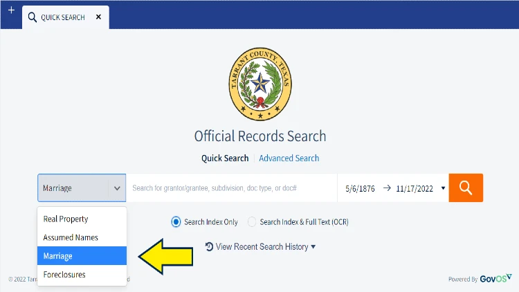 Screenshot of Tarrant County Texas website page for records search with yellow arrow on marriage records.