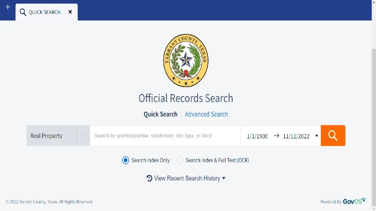 Screenshot of Tarrant County Texas website page for official records search.