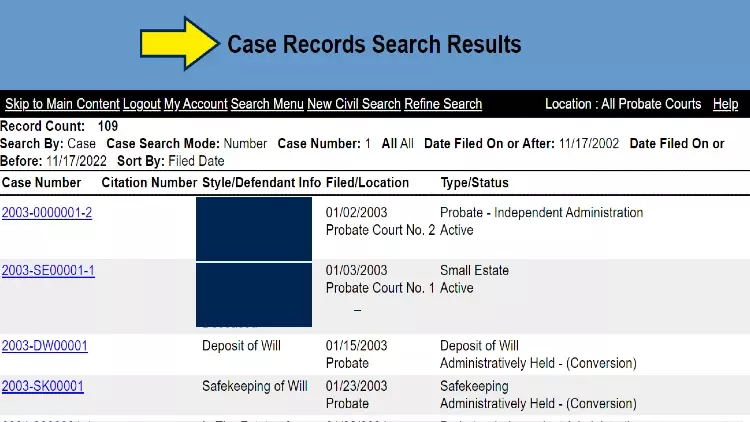 Screenshot of the Tarrant County Court Records Search website page about Case Records with yellow arrows pointing to the Case Records Search Results.