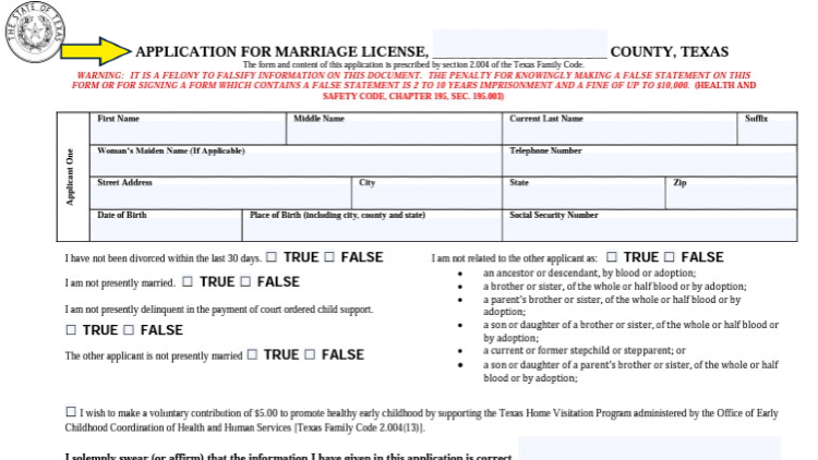 Screenshot of a website form about Marriage License in Texas with a yellow arrow pointing to the information that are needed to be added on it.