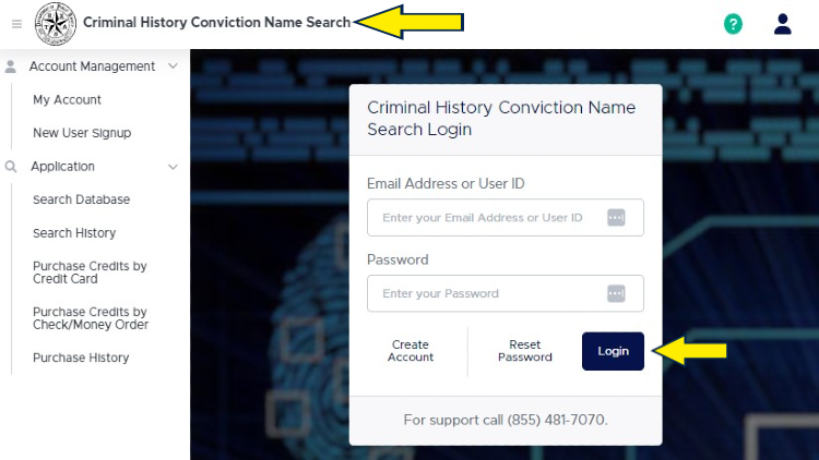 Screenshot of Texas Department of Public Safety website page for criminal records search with yellow arrows on account login in Criminal History Conviction Name Search. 
