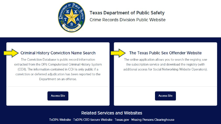 Screenshot of Texas Department of Public Safety website page for crime records searches with yellow arrows on criminal history by name search and Texas public sec offender website. 