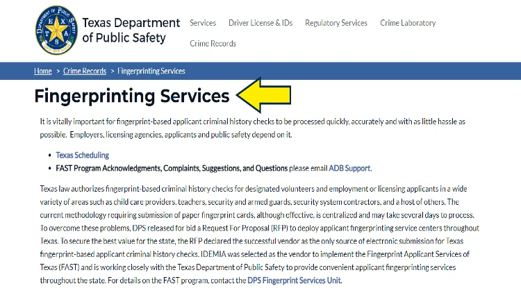 Screenshot of Texas Department of Public Safety for crime records with yellow arrow on fingerprinting services.