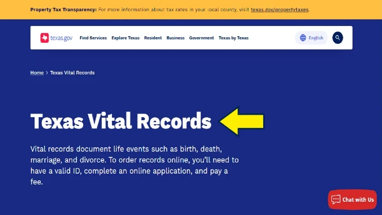 Screenshot of the Texas Gov website page about Texas Vital Records with yellow arrow pointing on how to access them.