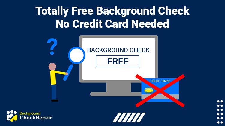 Man on the right holds a magnifying glass toward a large computer screen showing a free online background check and no credit card and wonders if there is really a totally free background check no credit card needed.