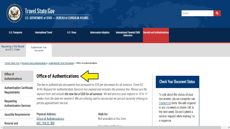 Screenshot of Travel State Gov website page for document authentication with yellow arrow on Office of Authentications.