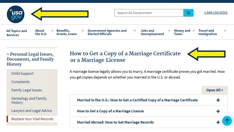 Screenshot of USA.Gov website page for vital records with yellow arrows on how to get a copy of marriage documents.