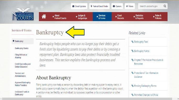 Screenshot of United States Courts website page for services & forms with yellow arrow on bankruptcy.