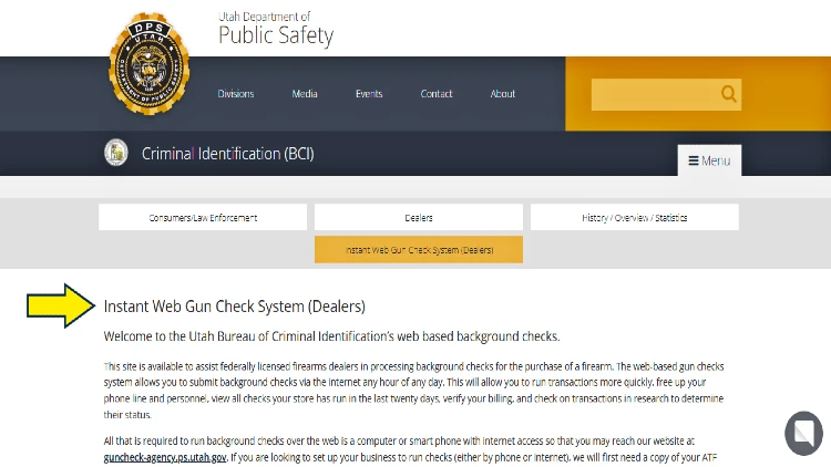 Screenshot of Utah Department of Public Safety website page for criminal identification with yellow arrow on instant gun background check.