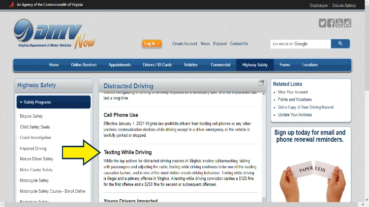 Screenshot of Virginia DMV website page for distracted driving with yellow arrow pointing to texting while driving penalties in Virginia.